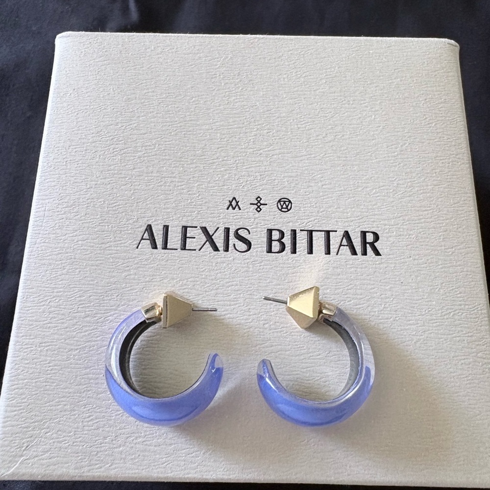 Alexis Bittar Electric Purple Neon Lucite Crescent Hoop Earrings NEW